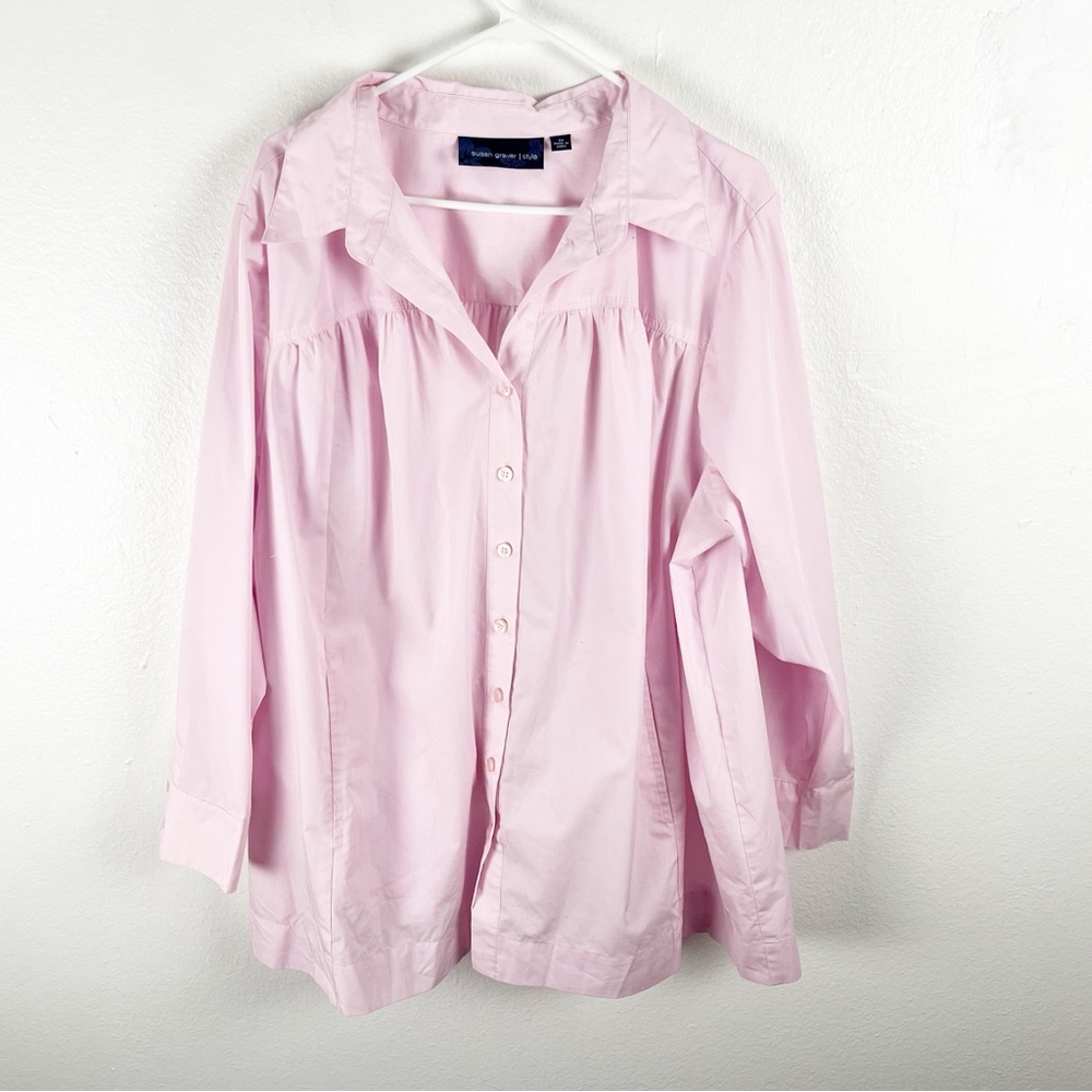 SUSAN GRAVER Pink Long Sleeves Front Button Side Pocket Tunic Top Size 3X Modest